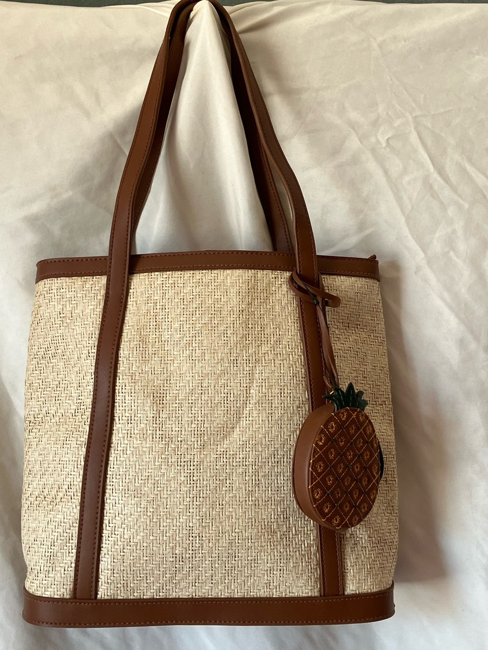 Etienne Aigner Brown Trim Straw Tote Bag with Pineapple Charm